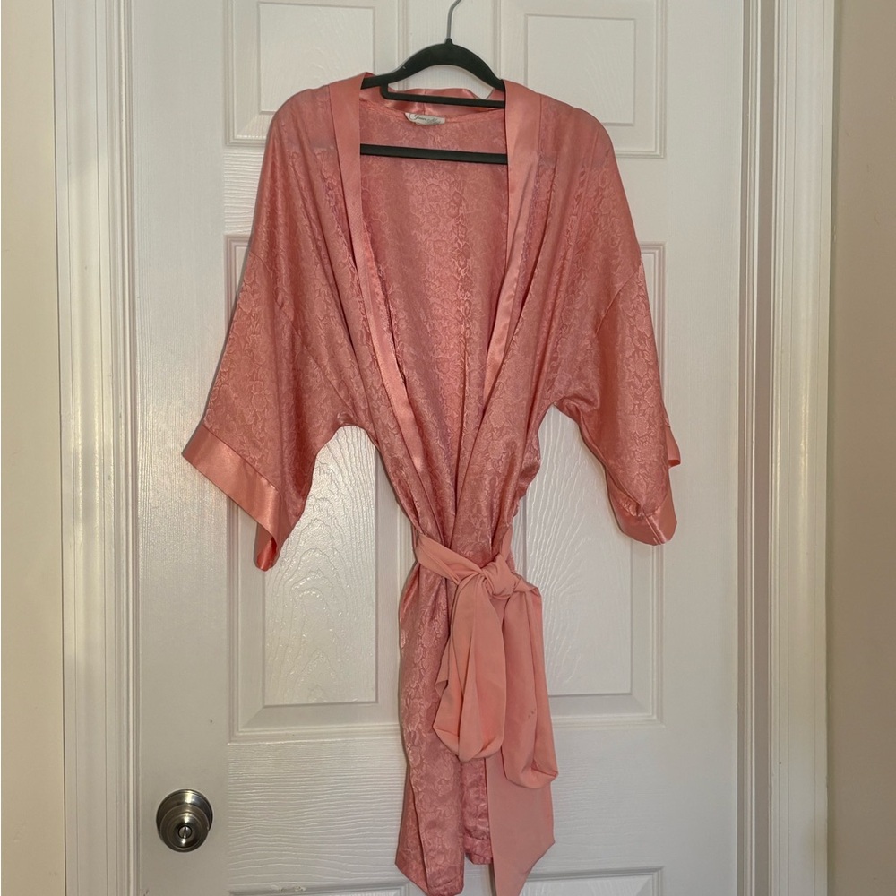 Pink Satin Lingerie Robe with Floral Pattern